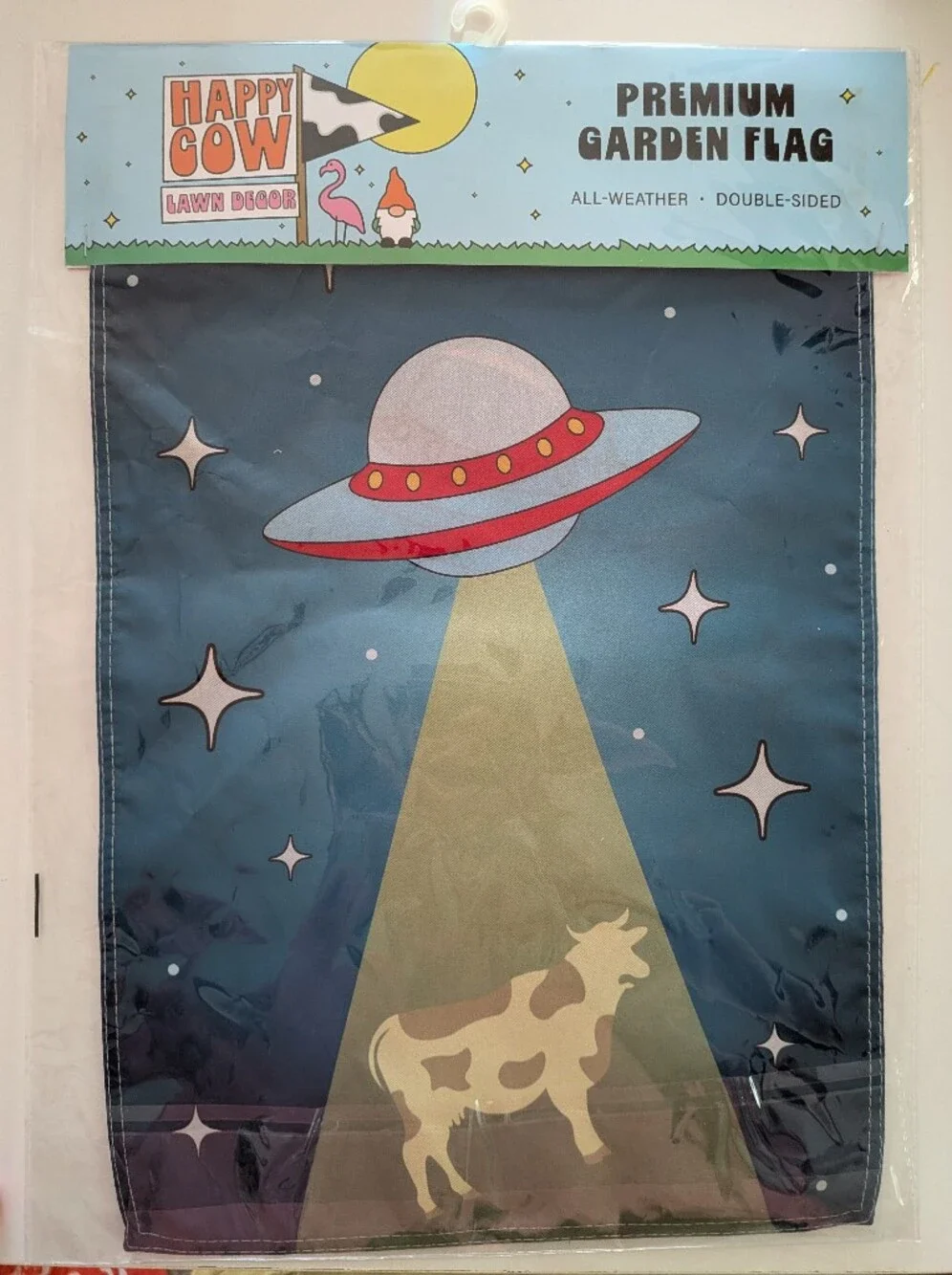 Happy Cow Alien UFO Beam Abduction Garden Flag Double-Sided All-Weather 12x18